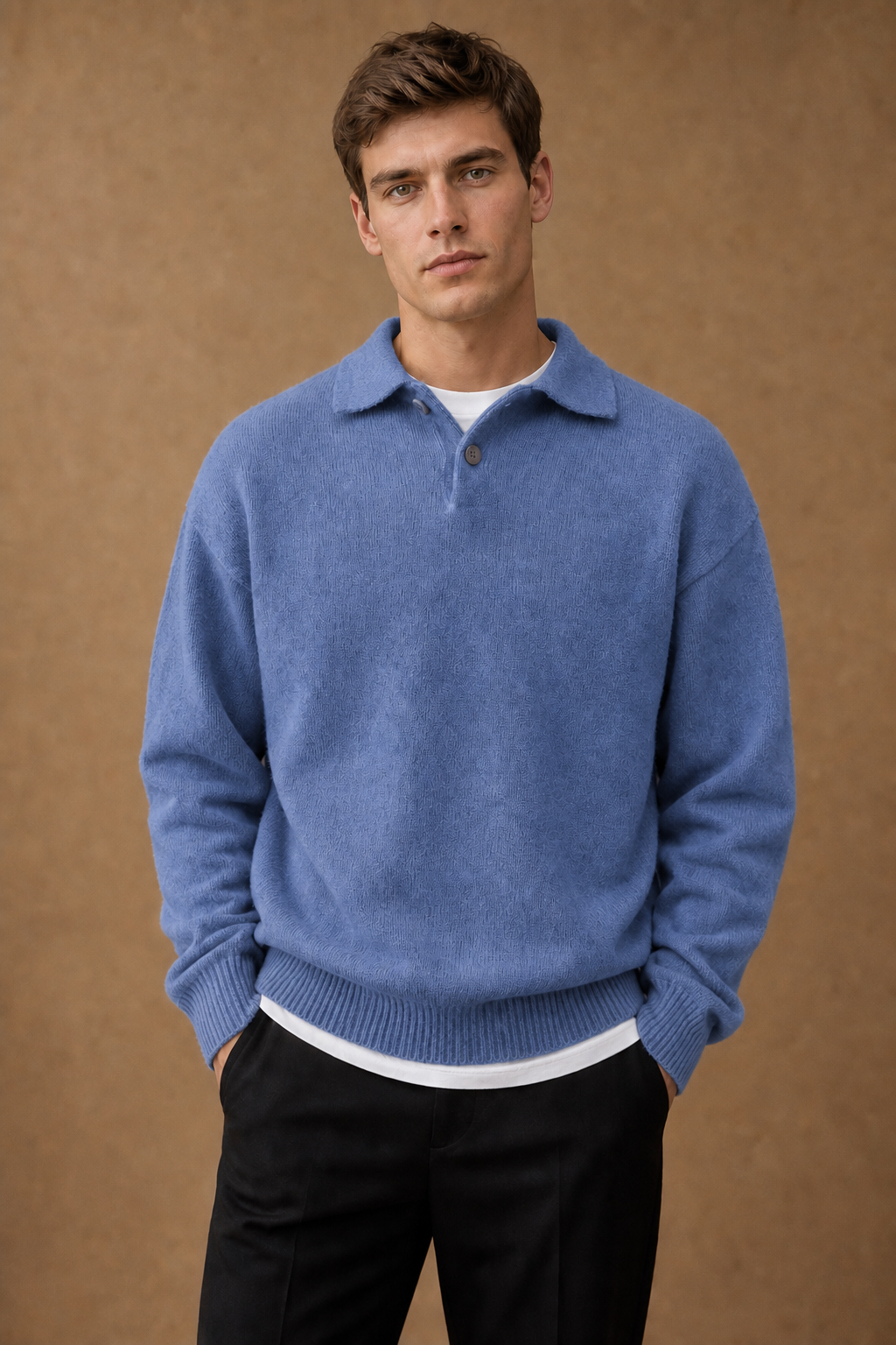 The Acentino Button Polo Sweater in Blue on model - front pose