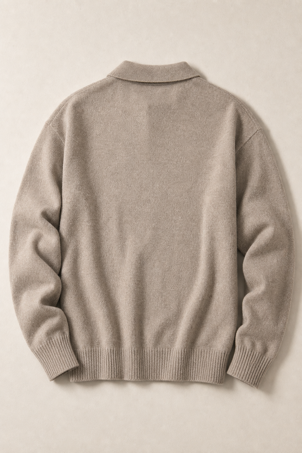 The Acentino Button Polo Sweater in Taupe - back view