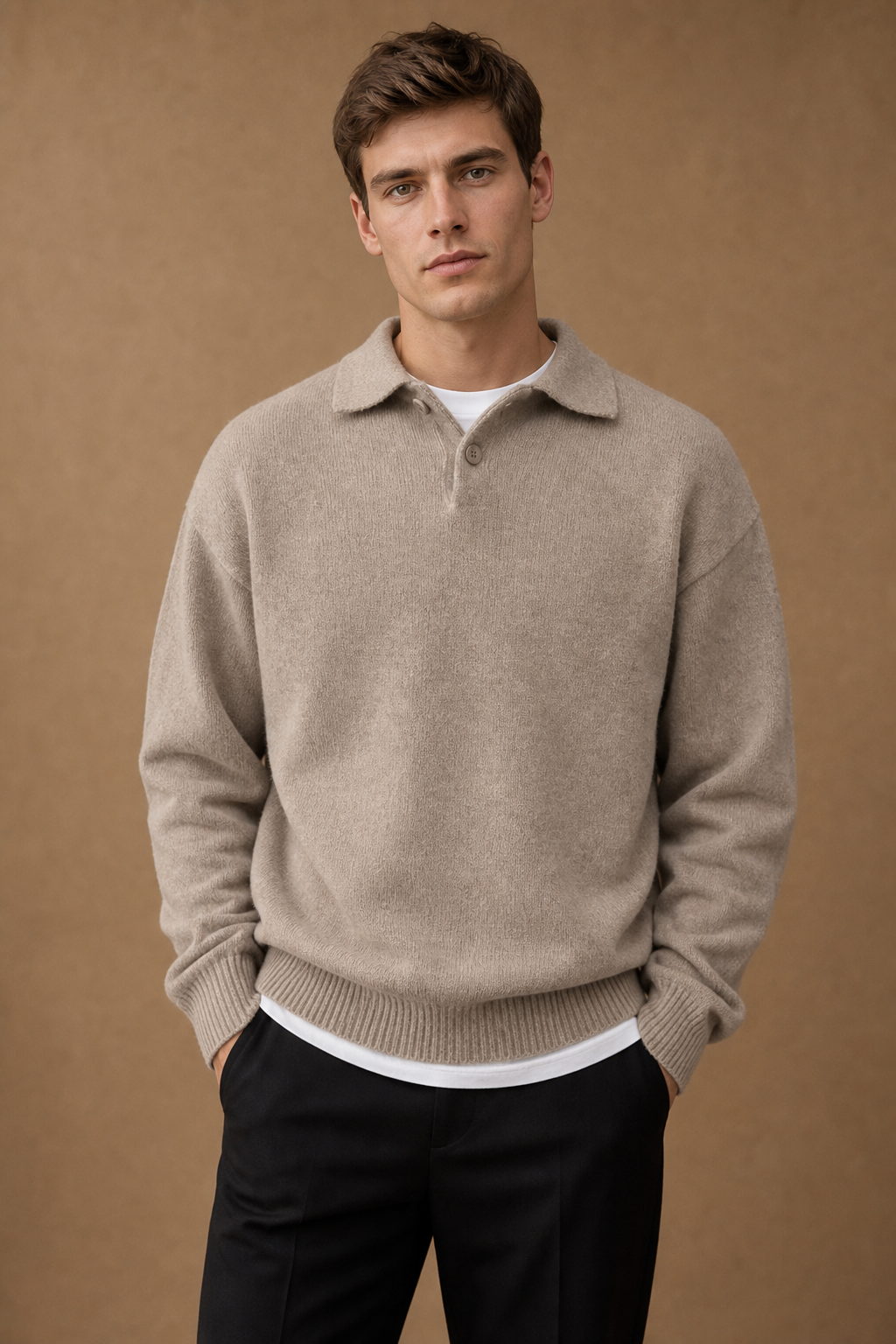 The Acentino Button Polo Sweater in Taupe on model - front pose