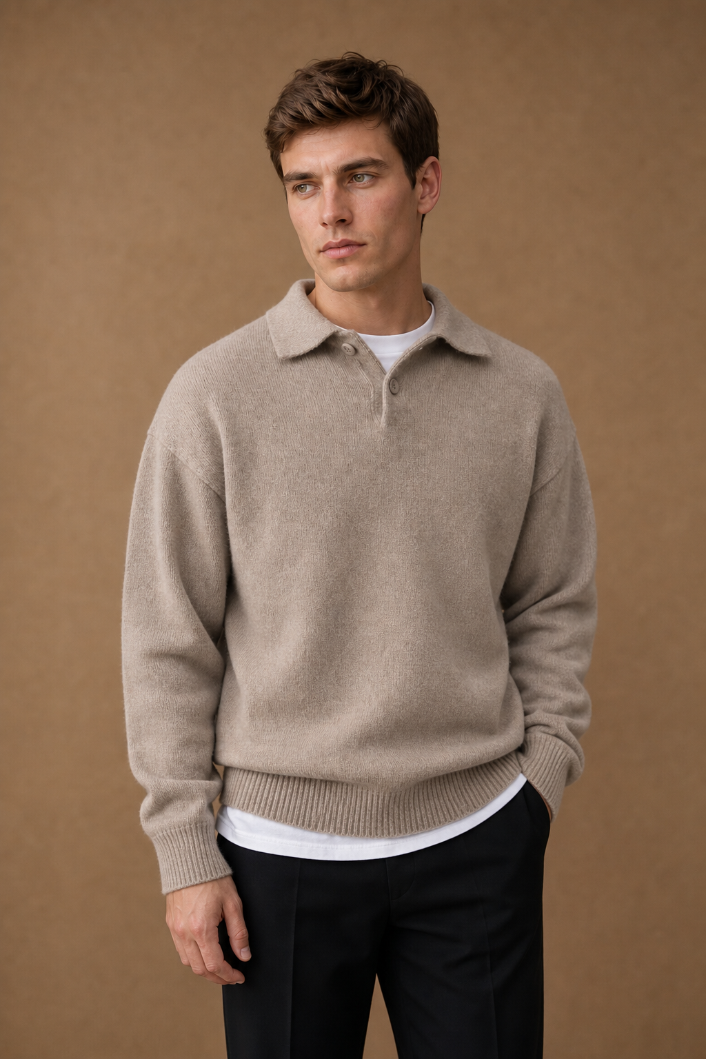 The Acentino Button Polo Sweater in Taupe on model - alternate pose