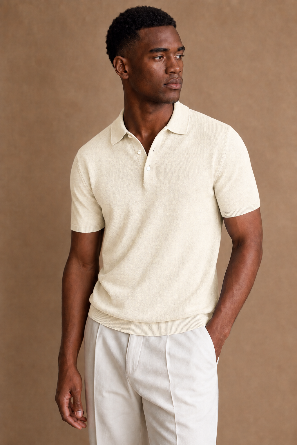 Acentino Casual Polo in Cream on model — front pose