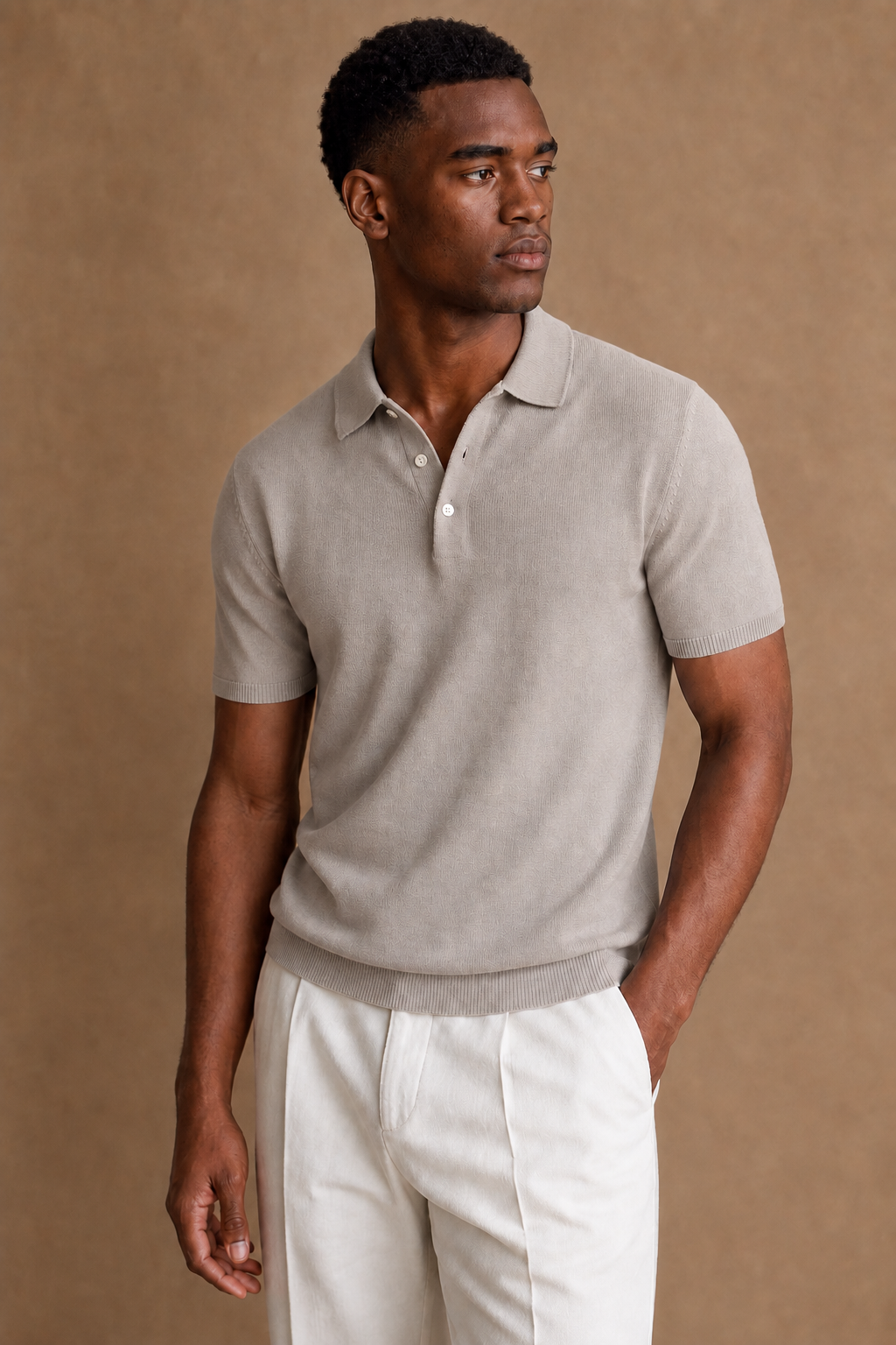 Acentino Casual Polo in Stone on model — front pose