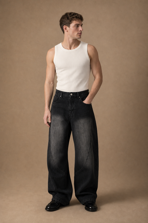 Acentino Dark Wash Relaxed Jeans in Washed Black on model - front pose