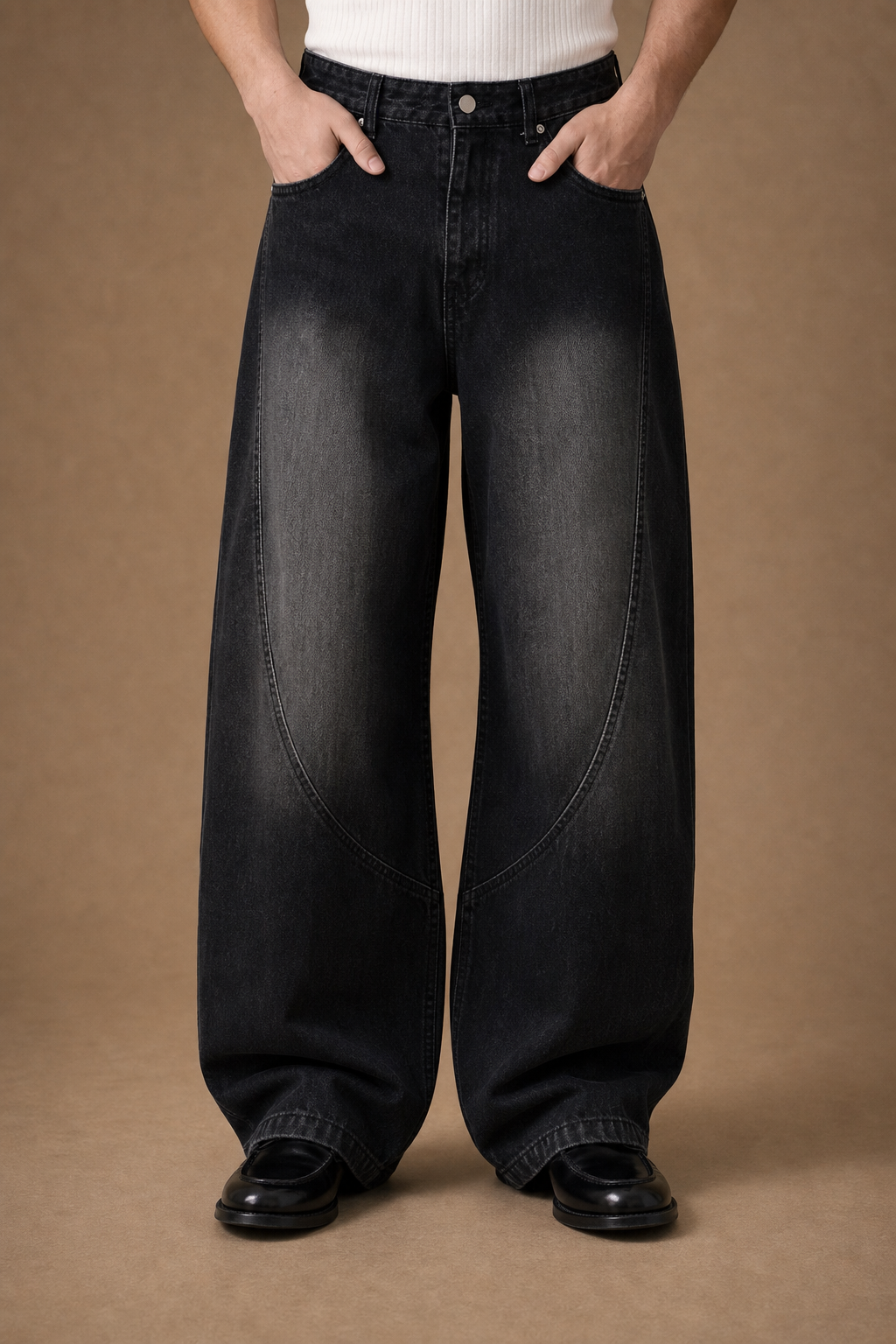 Acentino Dark Wash Relaxed Jeans in Washed Black on model - alternate pose