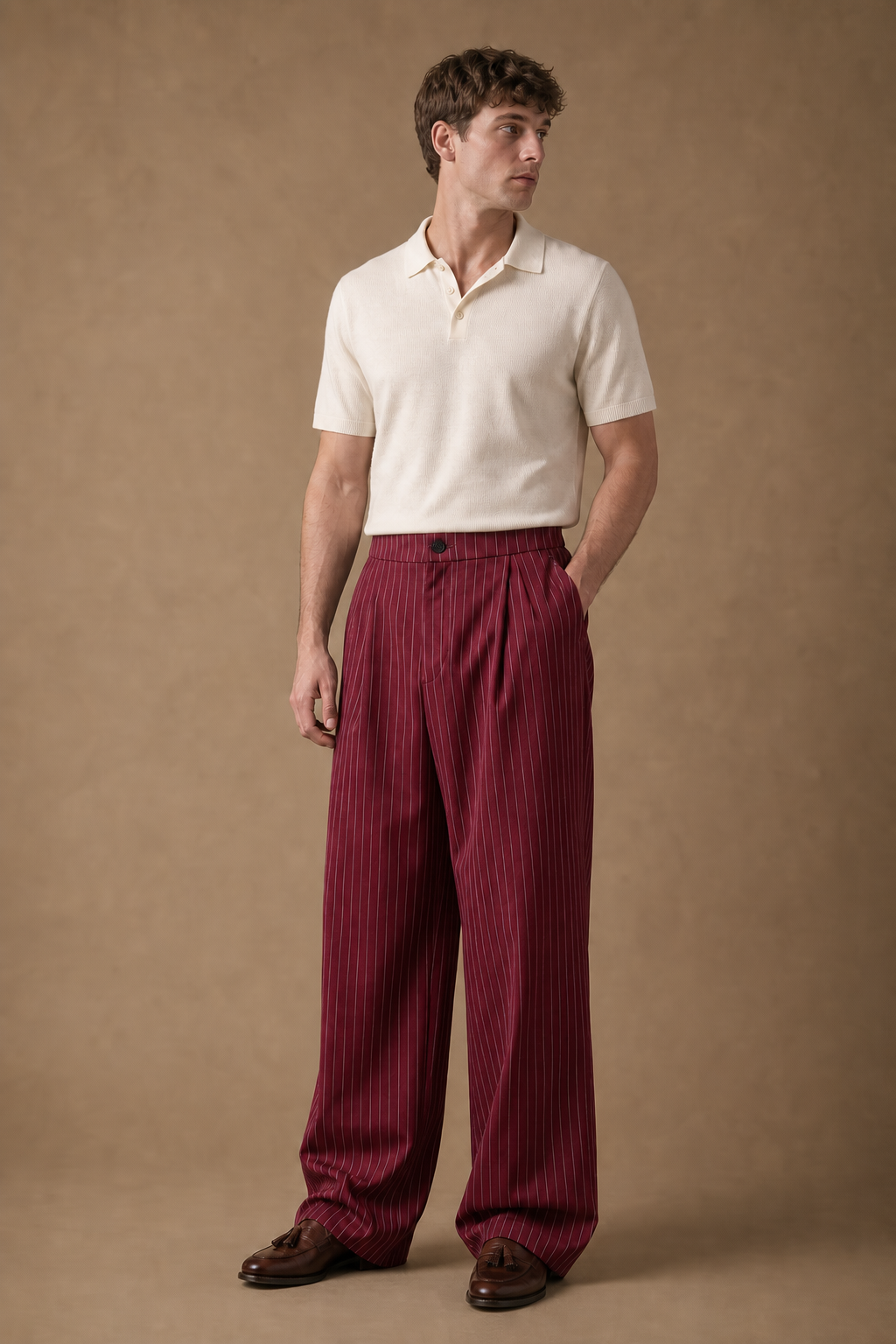 Acentino Pinstripe Trousers in Burgundy with White Pinstripes on model - front pose