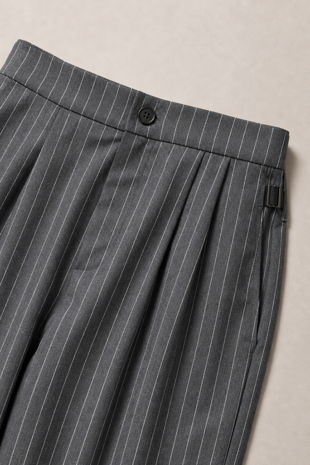 Acentino Pinstripe Trousers in Charcoal with White Pinstripes - fabric detail