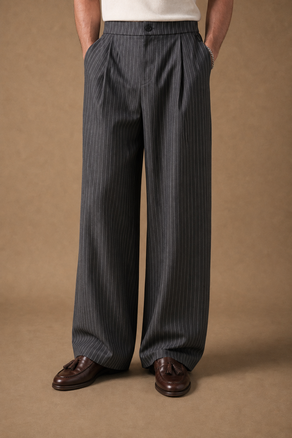 Acentino Pinstripe Trousers in Charcoal with White Pinstripes on model - alternate pose