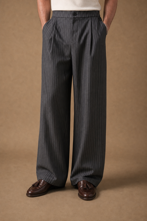 Acentino Pinstripe Trousers in Charcoal with White Pinstripes on model - alternate pose