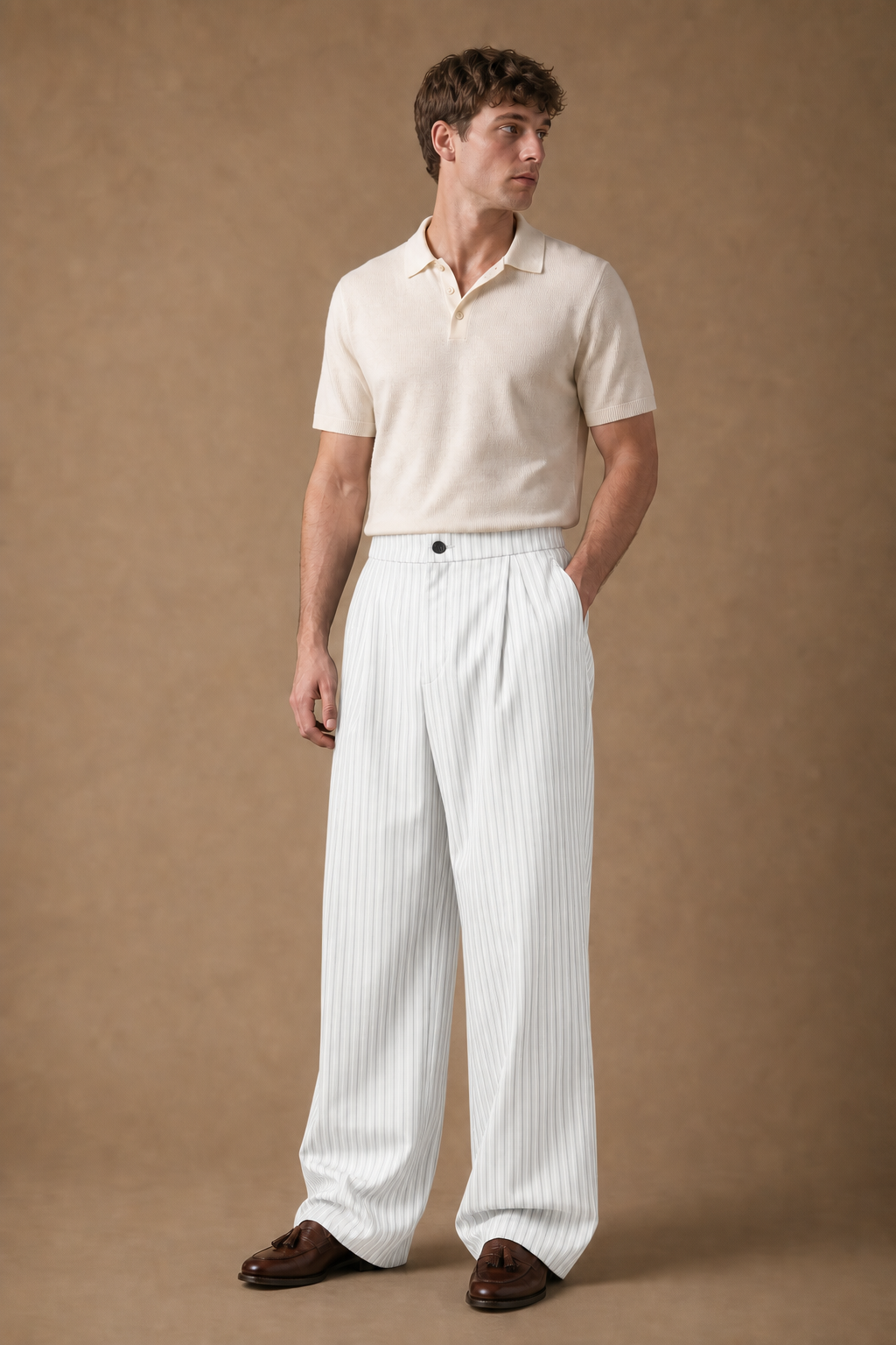 Acentino Pinstripe Trousers in White with Grey Pinstripes on model - front pose