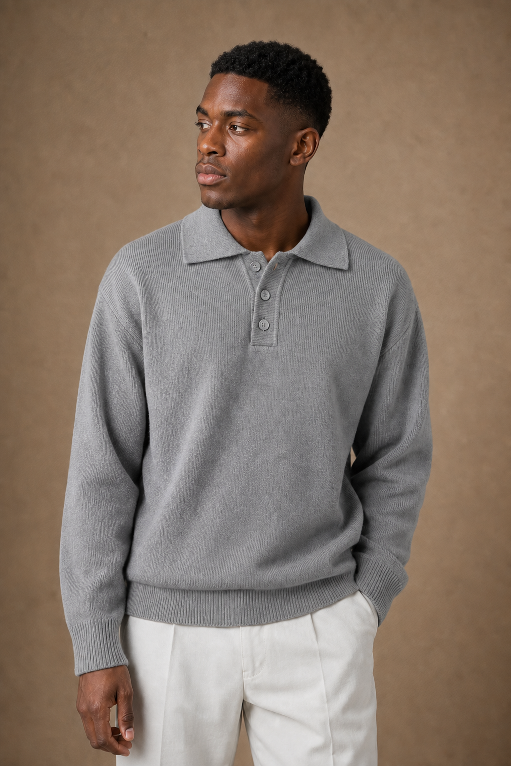 The Acentino Polo Sweater in Grey on model — front pose