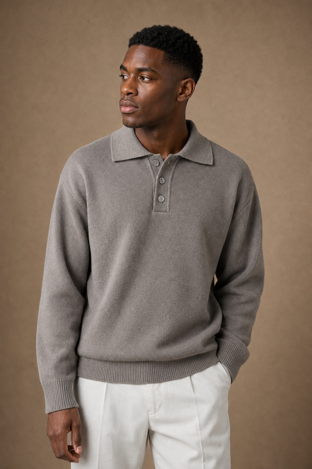 The Acentino Polo Sweater in Taupe on model — front pose
