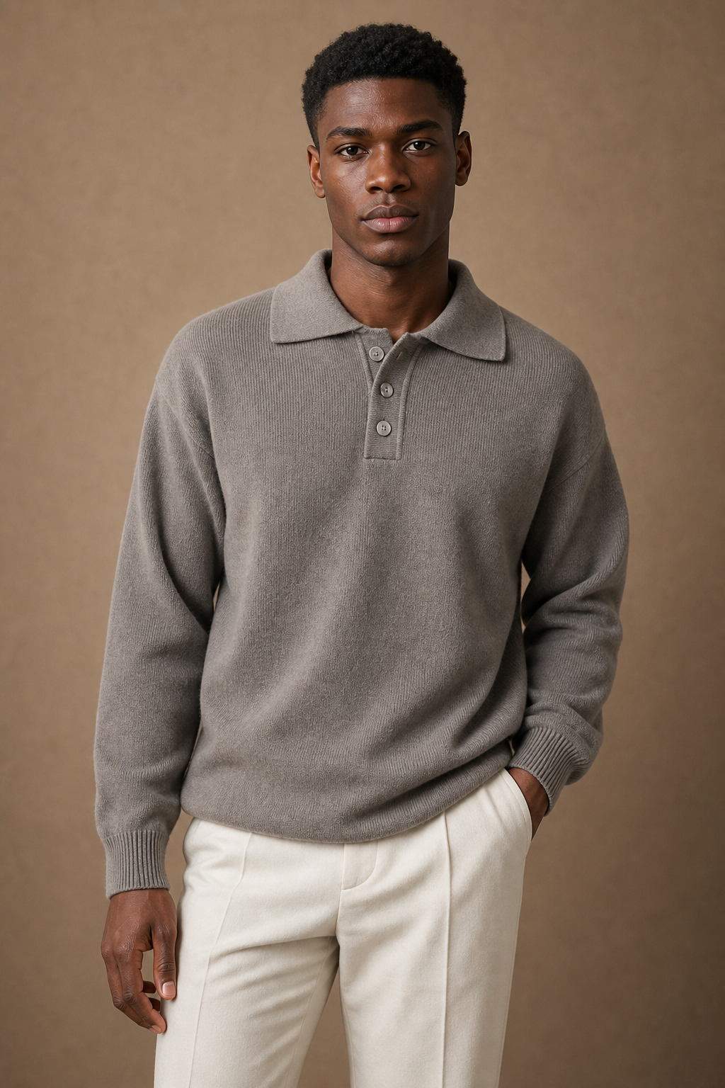 The Acentino Polo Sweater in Taupe on model — alternate pose