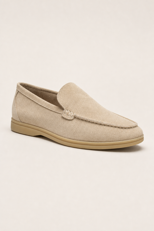 Acentino Premium Suede Loafers in Stone - angle view