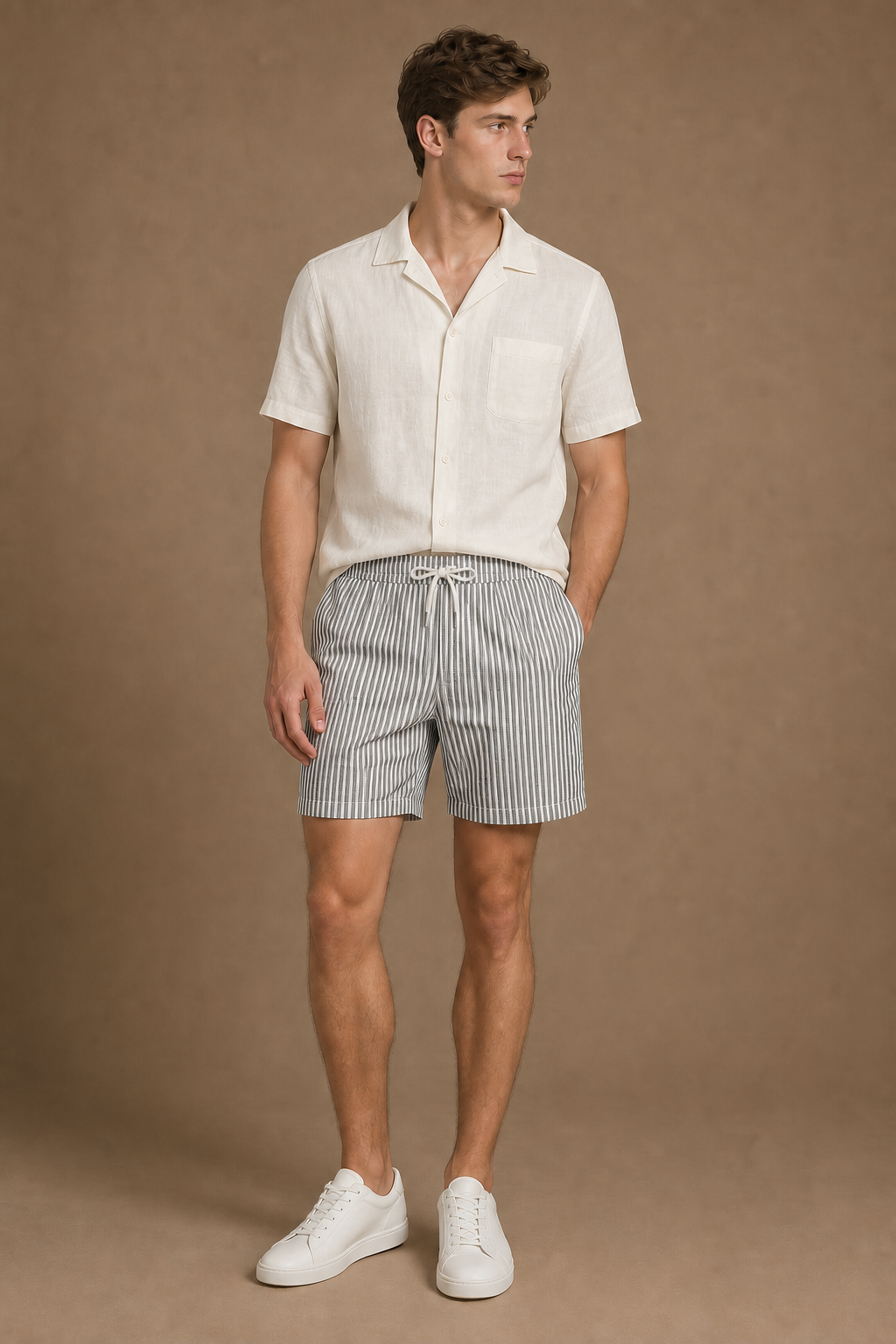 Acentino Striped Shorts in White with Charcoal Stripes on model - front pose