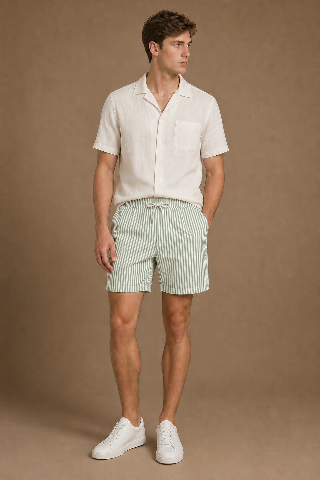 Acentino Striped Shorts in White with Sage Stripes on model - front pose