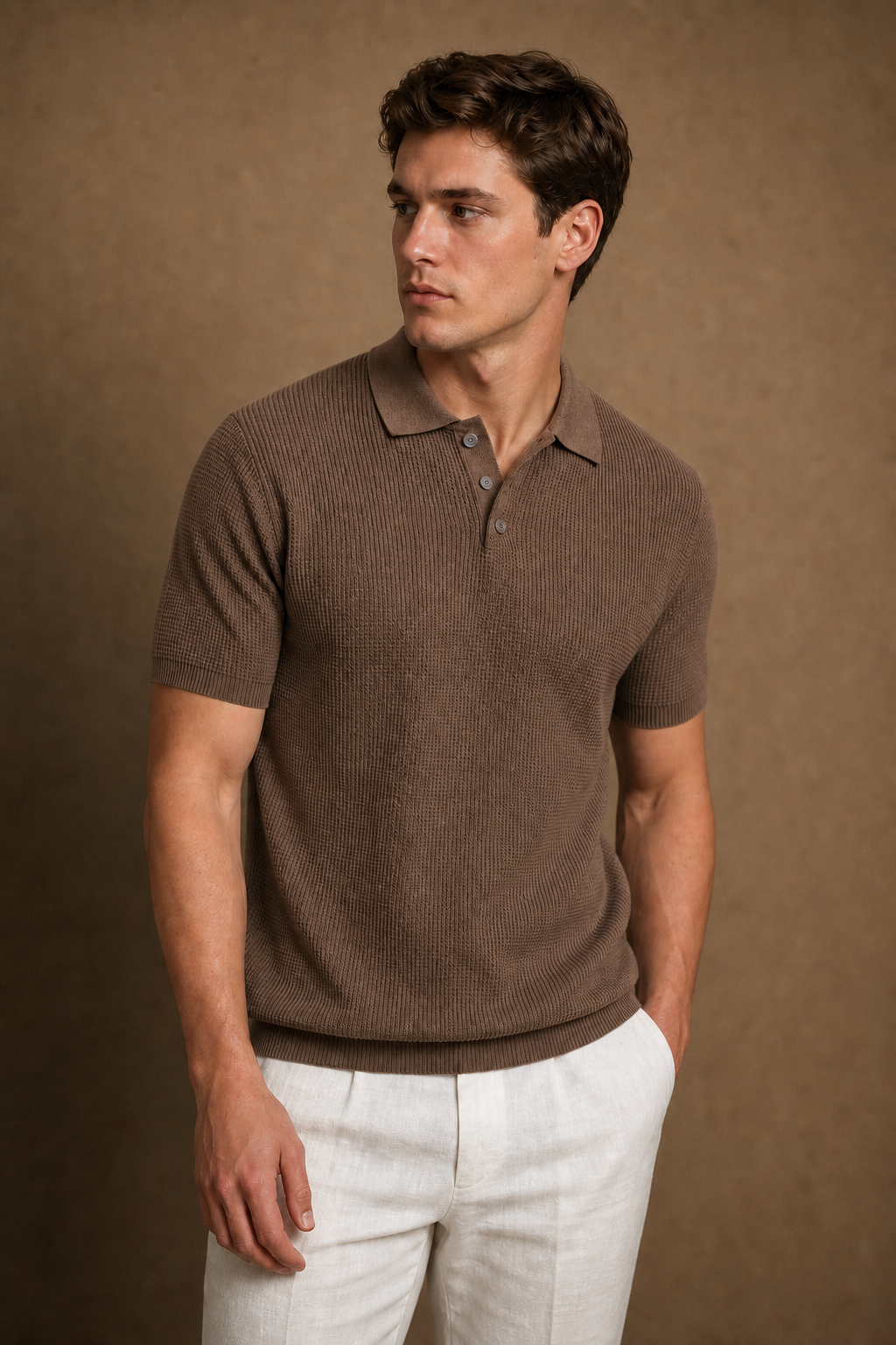 Acentino Textured Polo Shirt in Brown on model — front pose