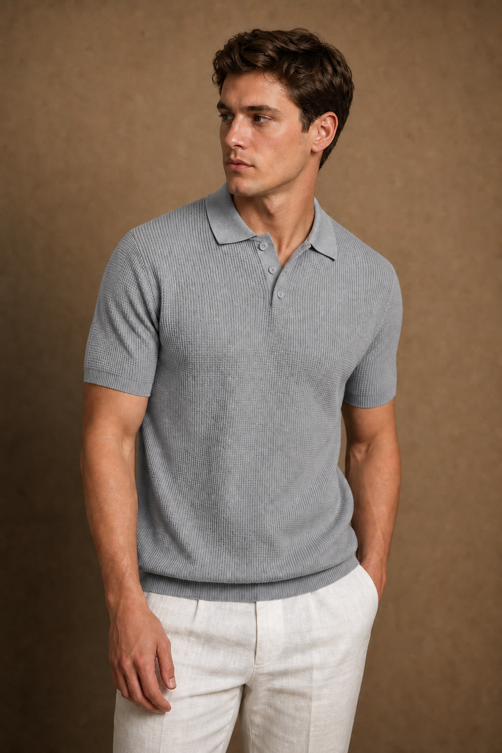 Acentino Textured Polo Shirt in Grey on model — front pose