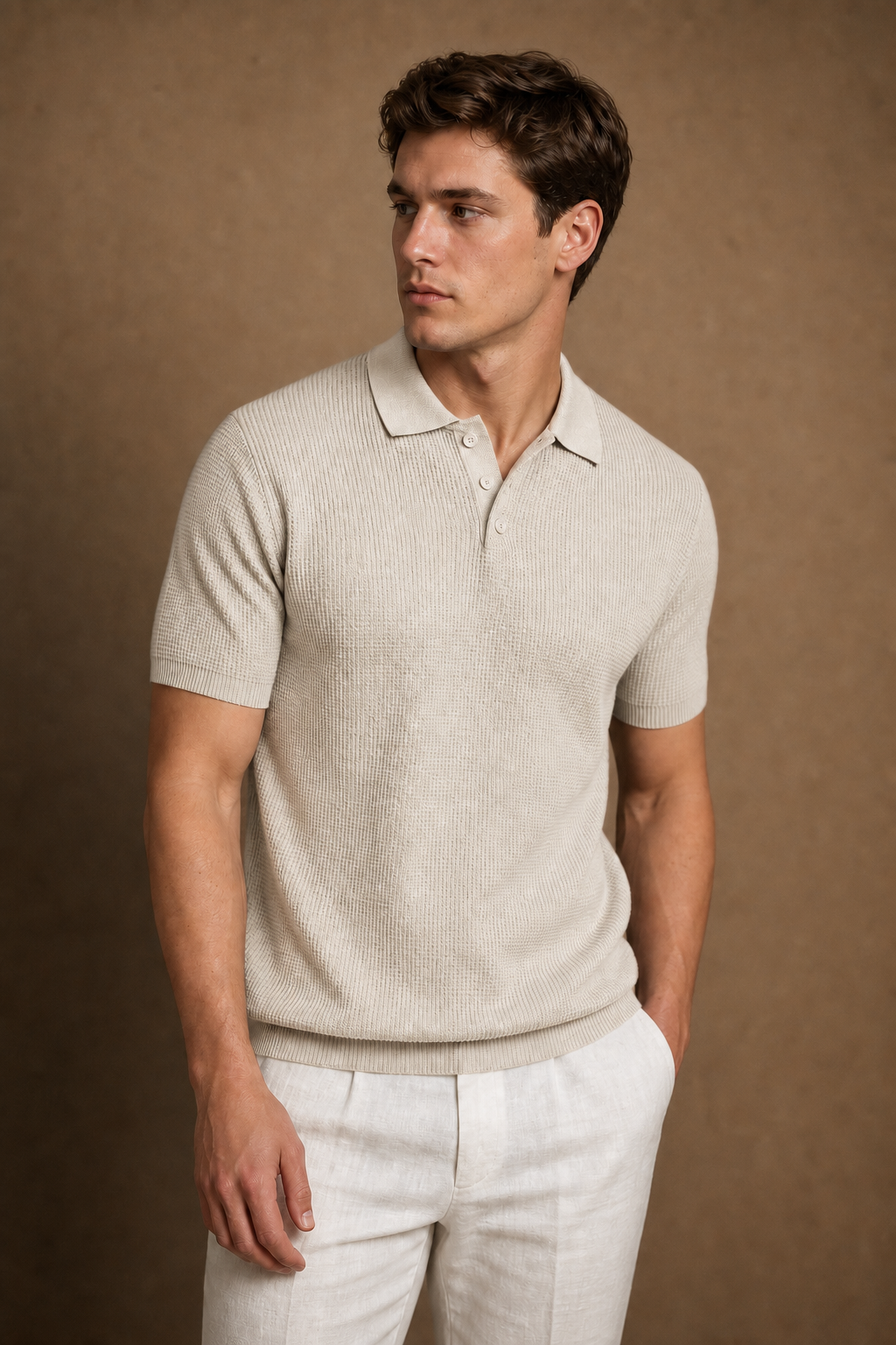 Acentino Textured Polo Shirt in Ivory on model — front pose
