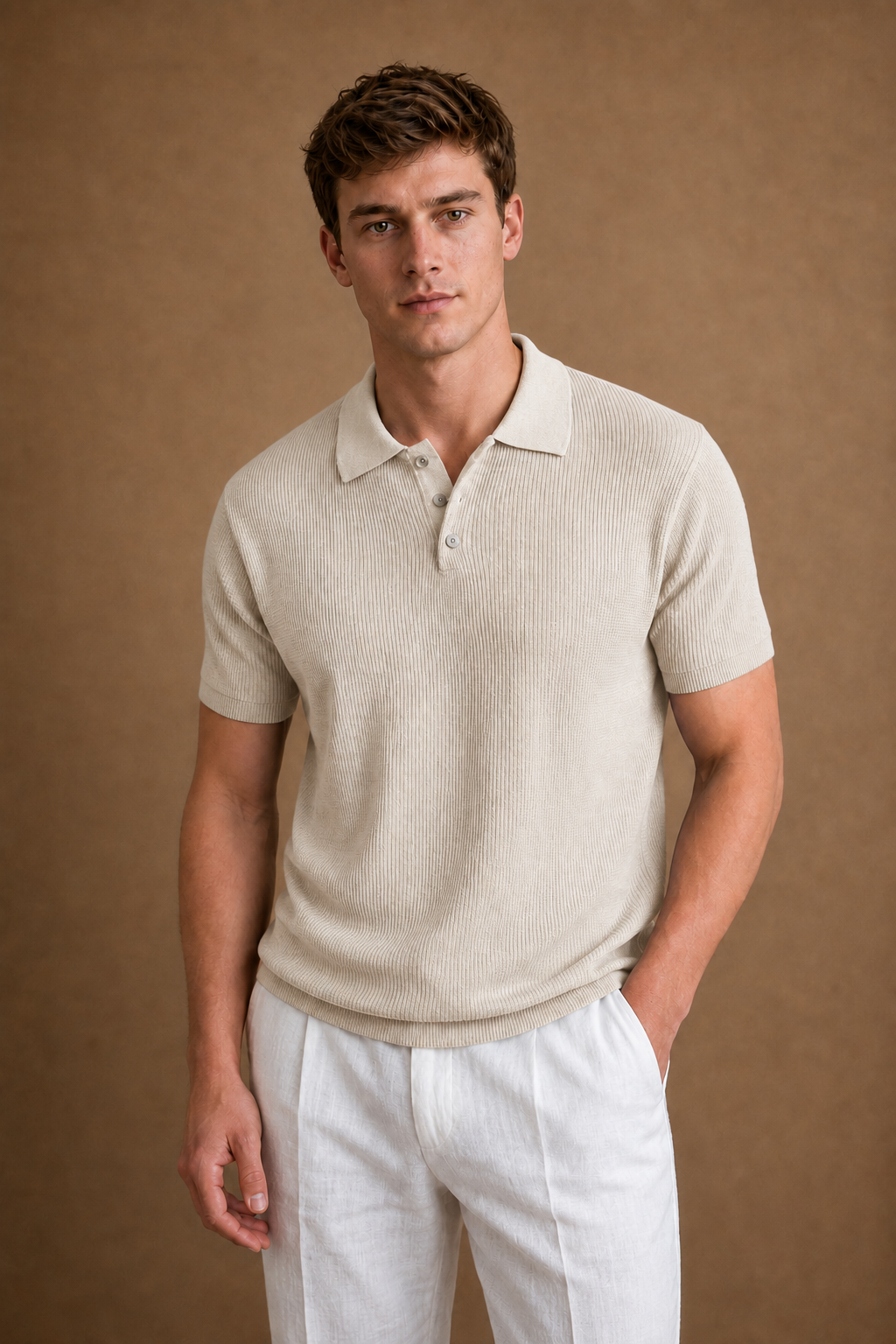 Acentino Textured Polo Shirt in Ivory on model — alternate pose