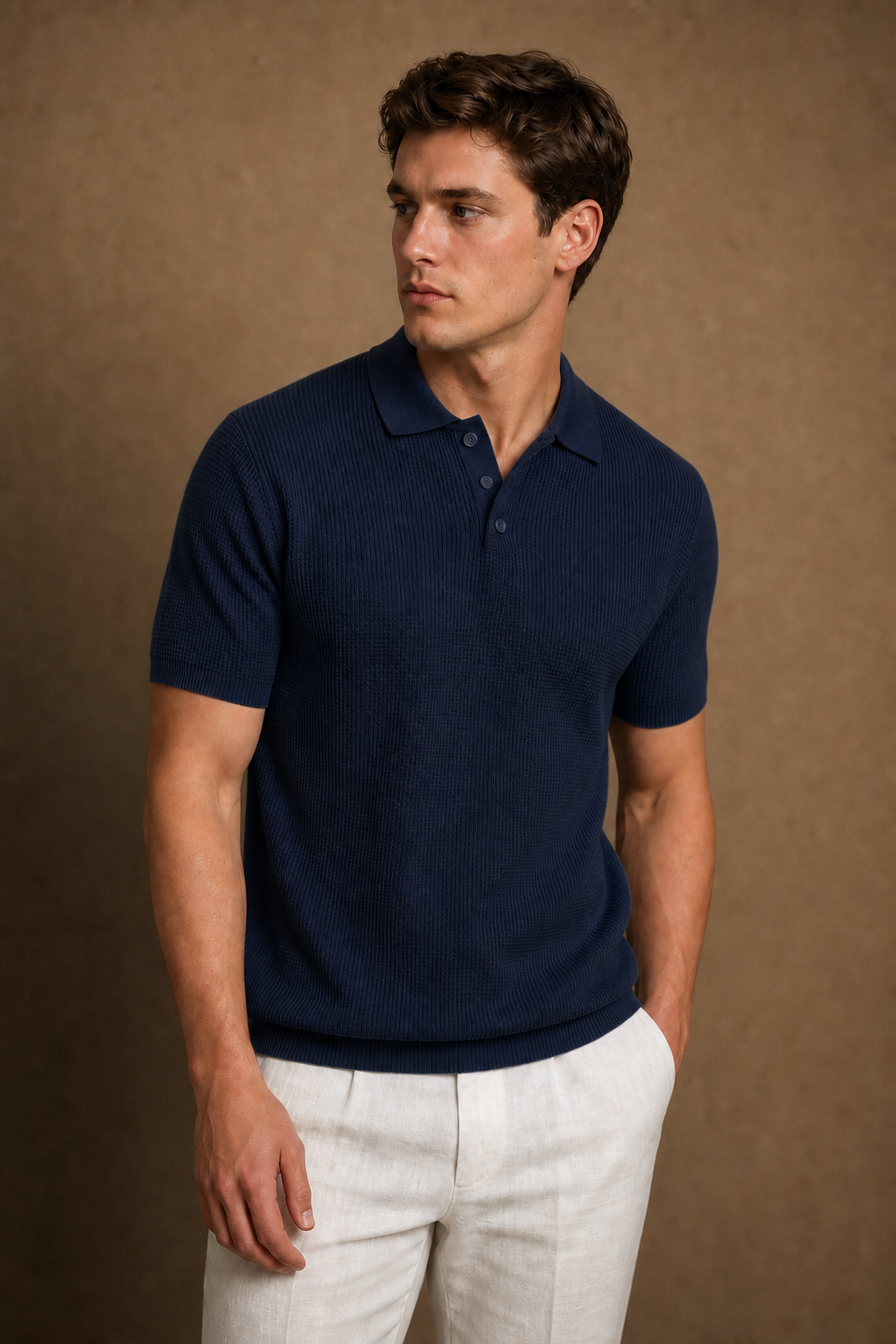 Acentino Textured Polo Shirt in Navy on model — front pose