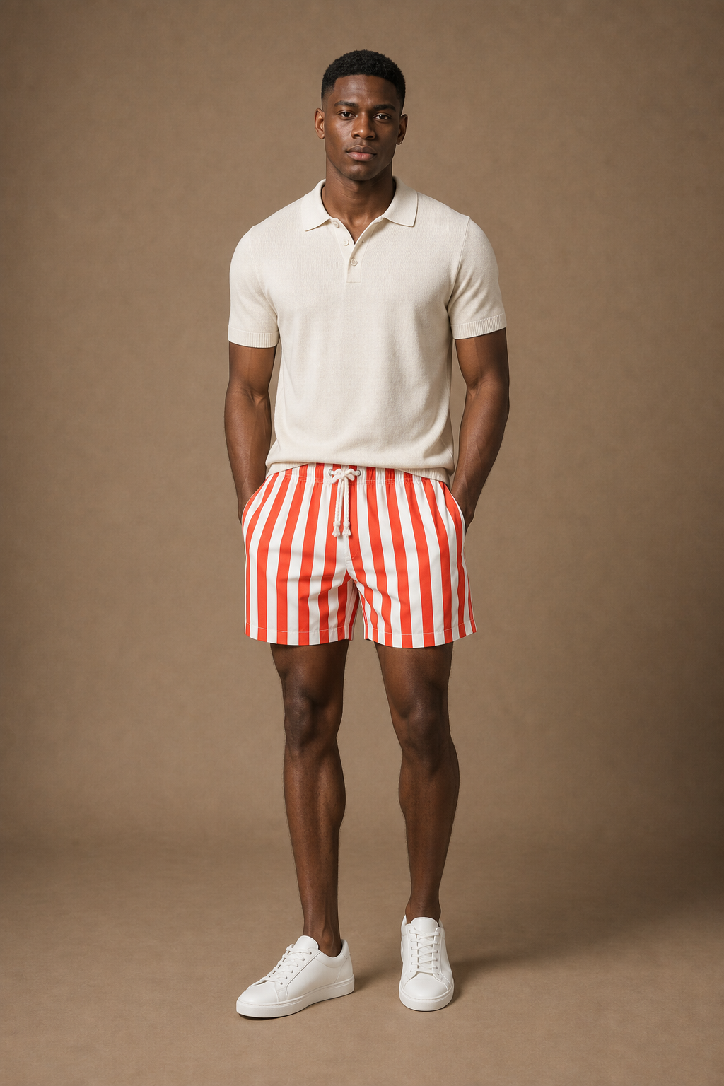 Adda Striped Swim Shorts in White with Coral Stripes on model - front pose