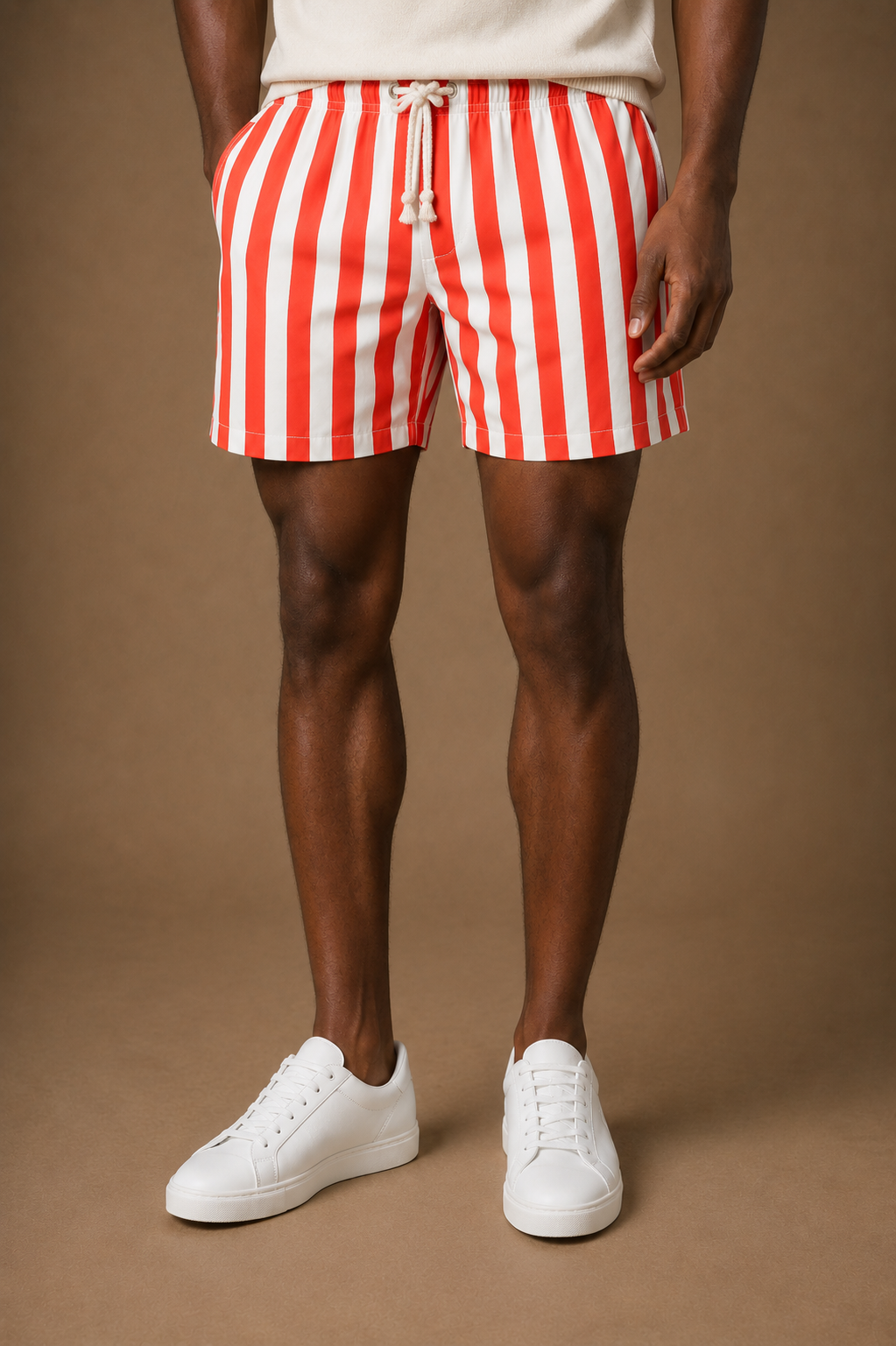 Adda Striped Swim Shorts in White with Coral Stripes on model - alternate pose