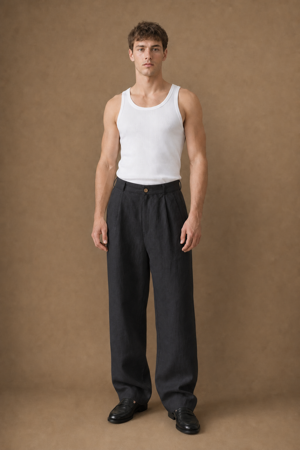 Amalfi Linen Relaxed Trousers in Charcoal on model - front pose