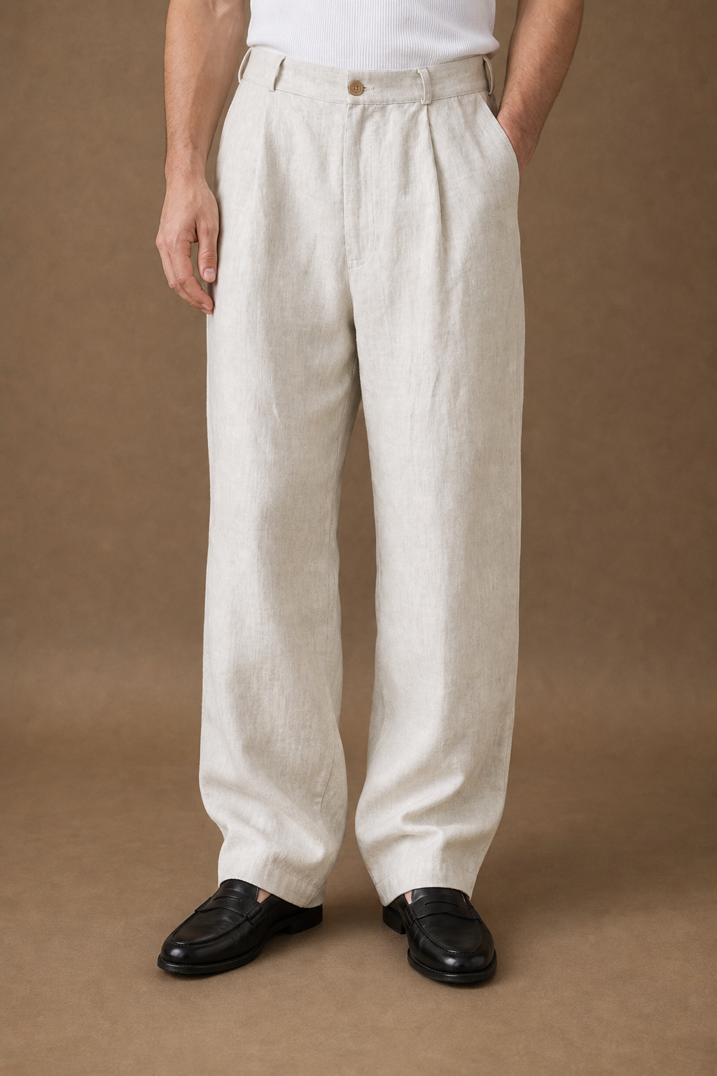 Amalfi Linen Relaxed Trousers in Oatmeal on model - alternate pose