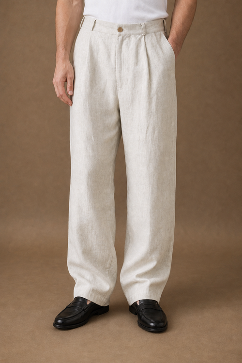 Amalfi Linen Relaxed Trousers in Oatmeal on model - alternate pose