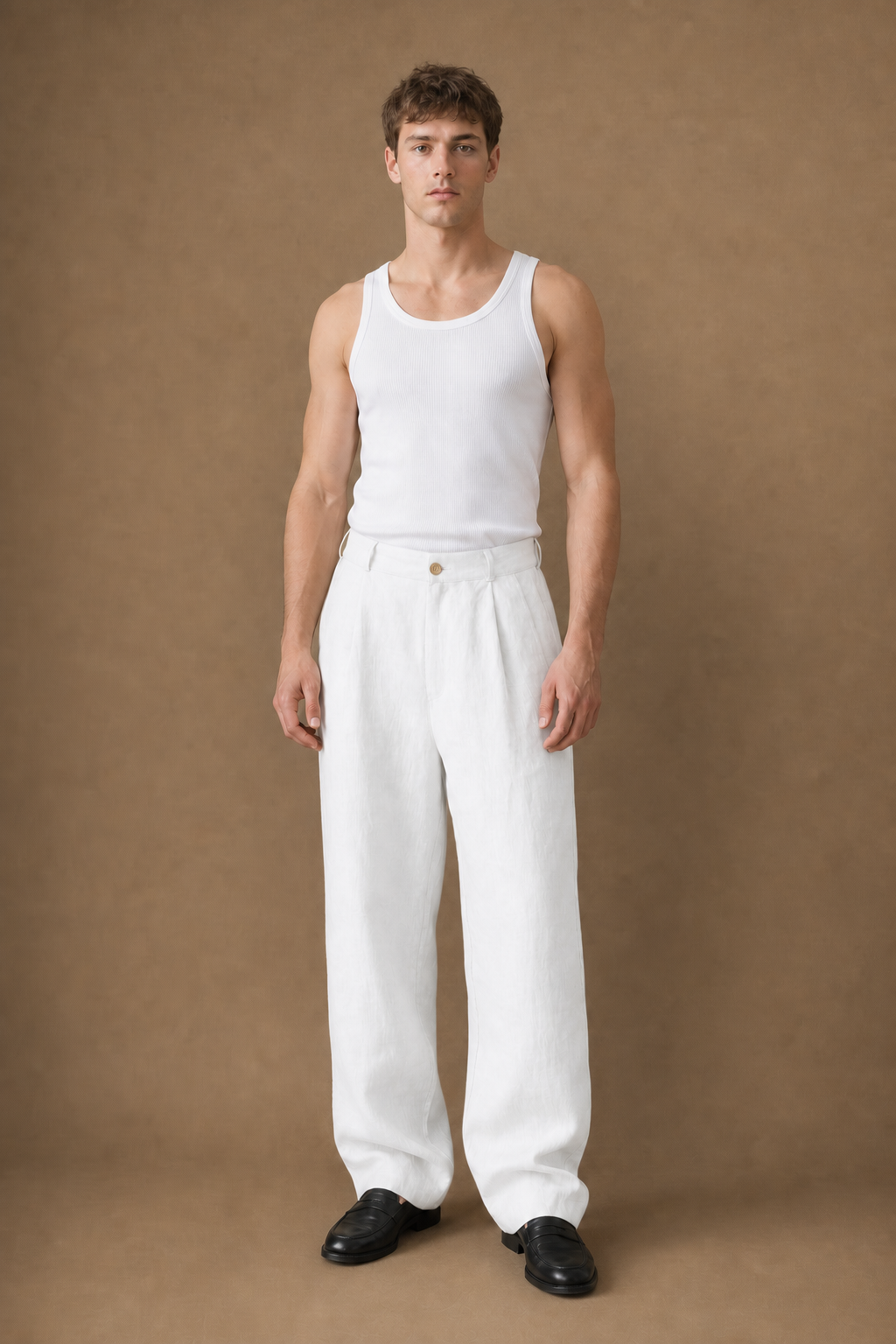 Amalfi Linen Relaxed Trousers in White on model - front pose