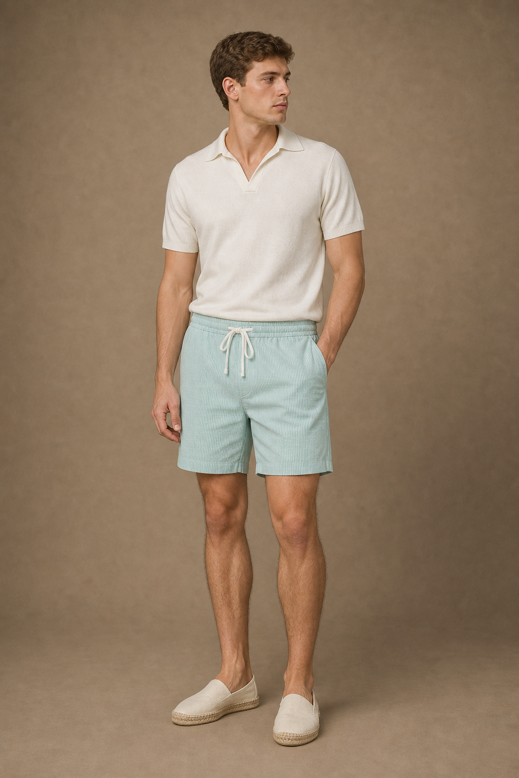 Amalfi Striped Shorts in Turquoise with White Pinstripes on model - front pose
