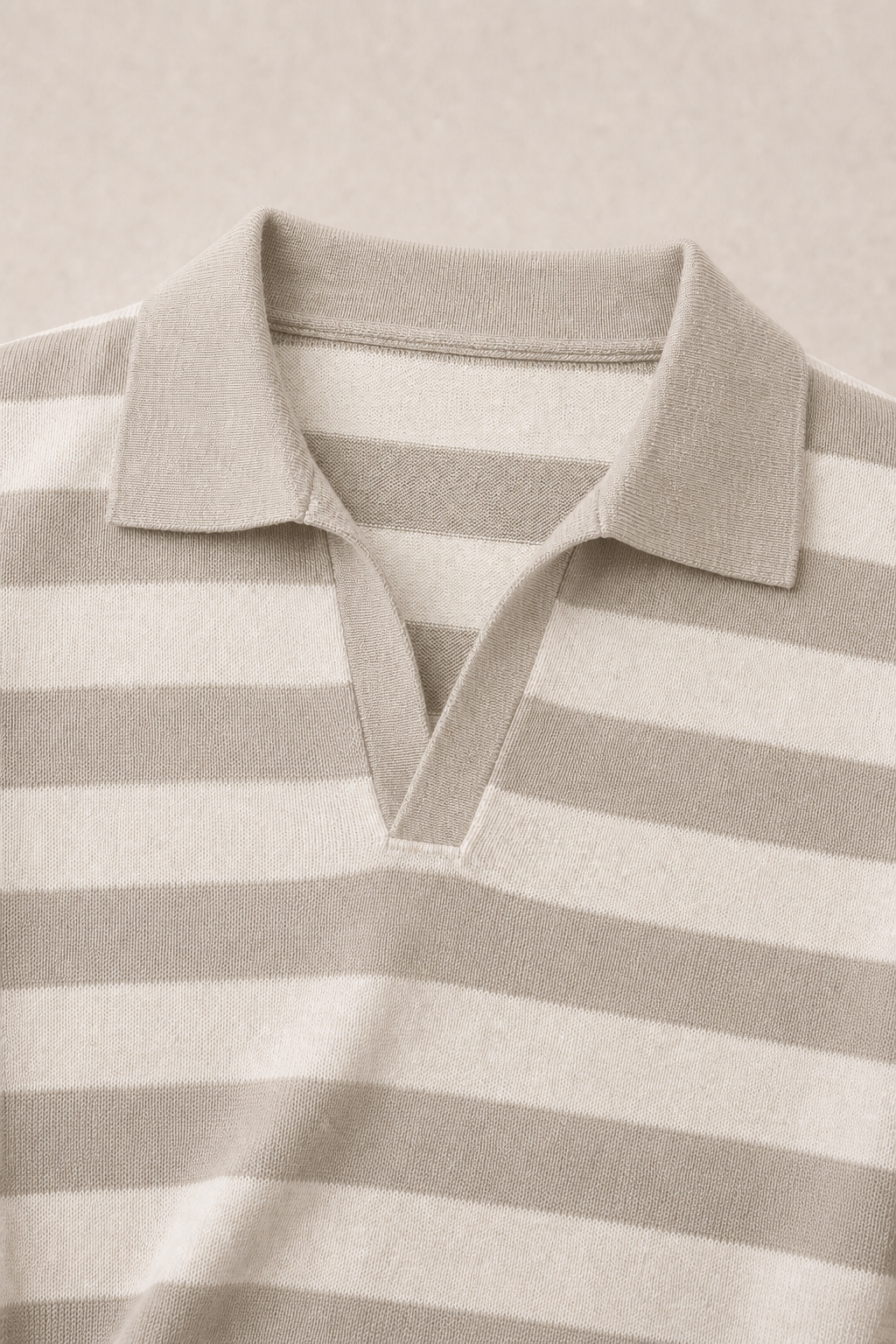 Antibes V-Collar Striped Polo in Cream with Stone Stripes — fabric detail