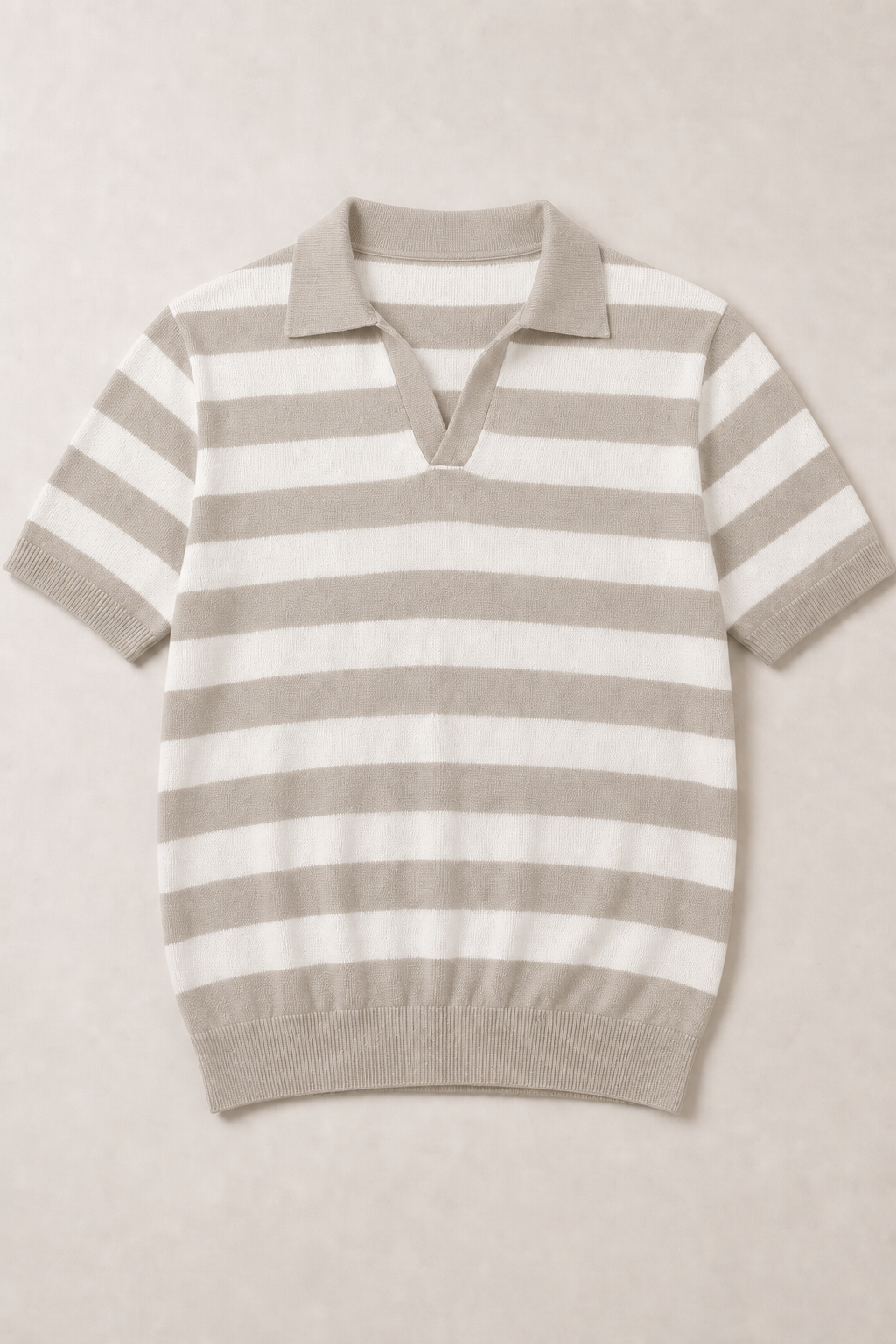 Antibes V-Collar Striped Polo in Cream with Stone Stripes — front view