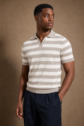Antibes V-Collar Striped Polo in Cream with Stone Stripes on model — front pose