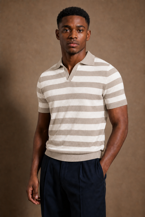 Antibes V-Collar Striped Polo in Cream with Stone Stripes on model — alternate pose