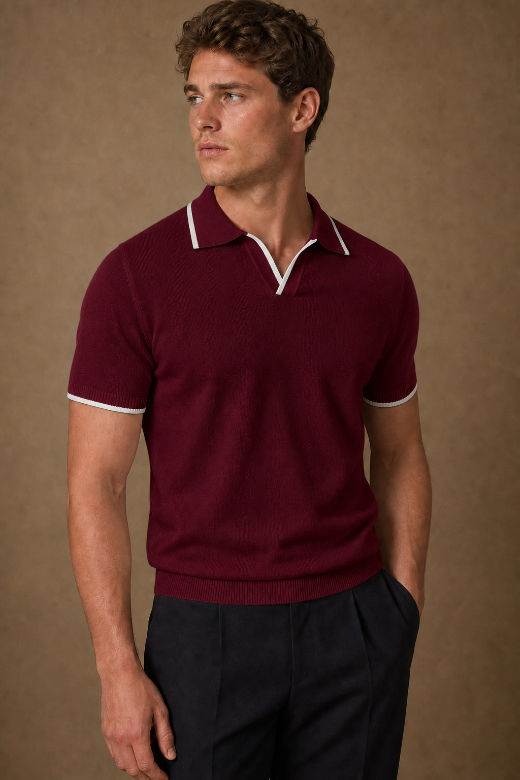 Antibes V-Collar Versatile in Burgundy on model — front pose