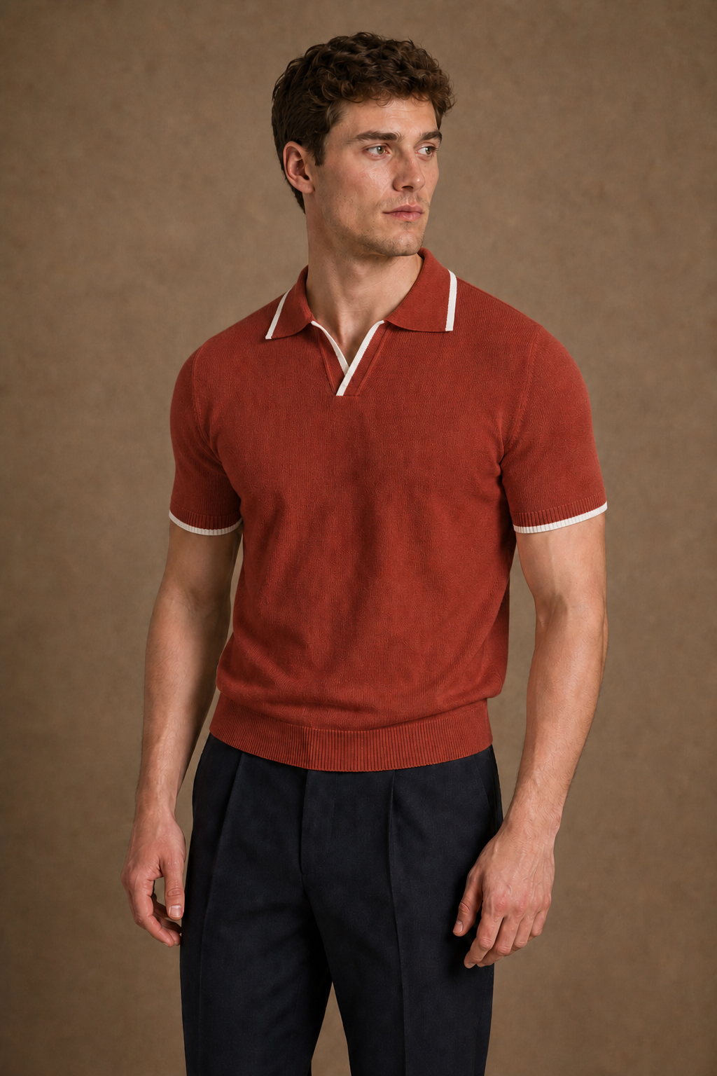 Antibes V-Collar Versatile in Rust on model — alternate pose