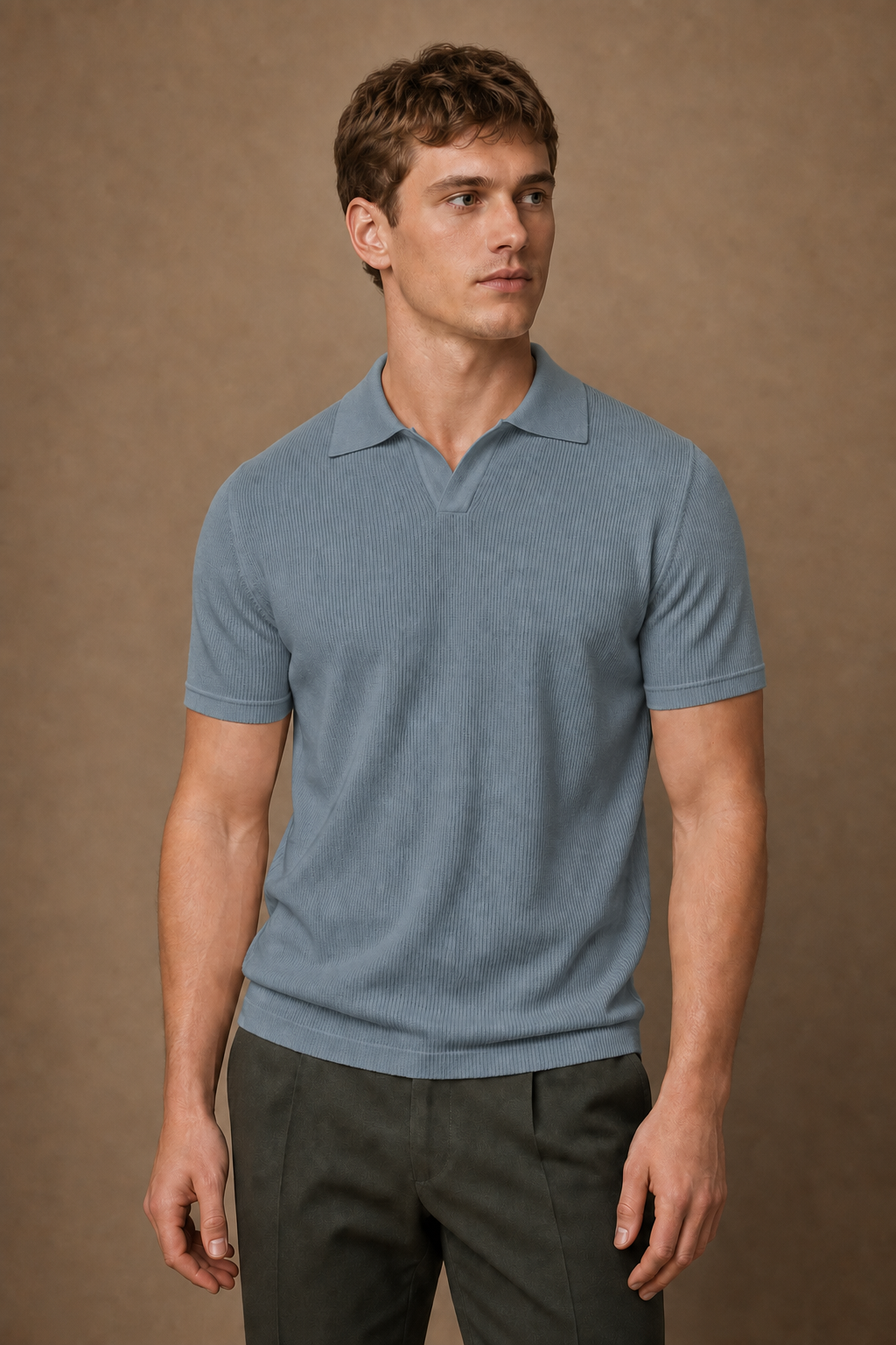 Antibes V-Neck Polo in Dusty Blue on model — front pose