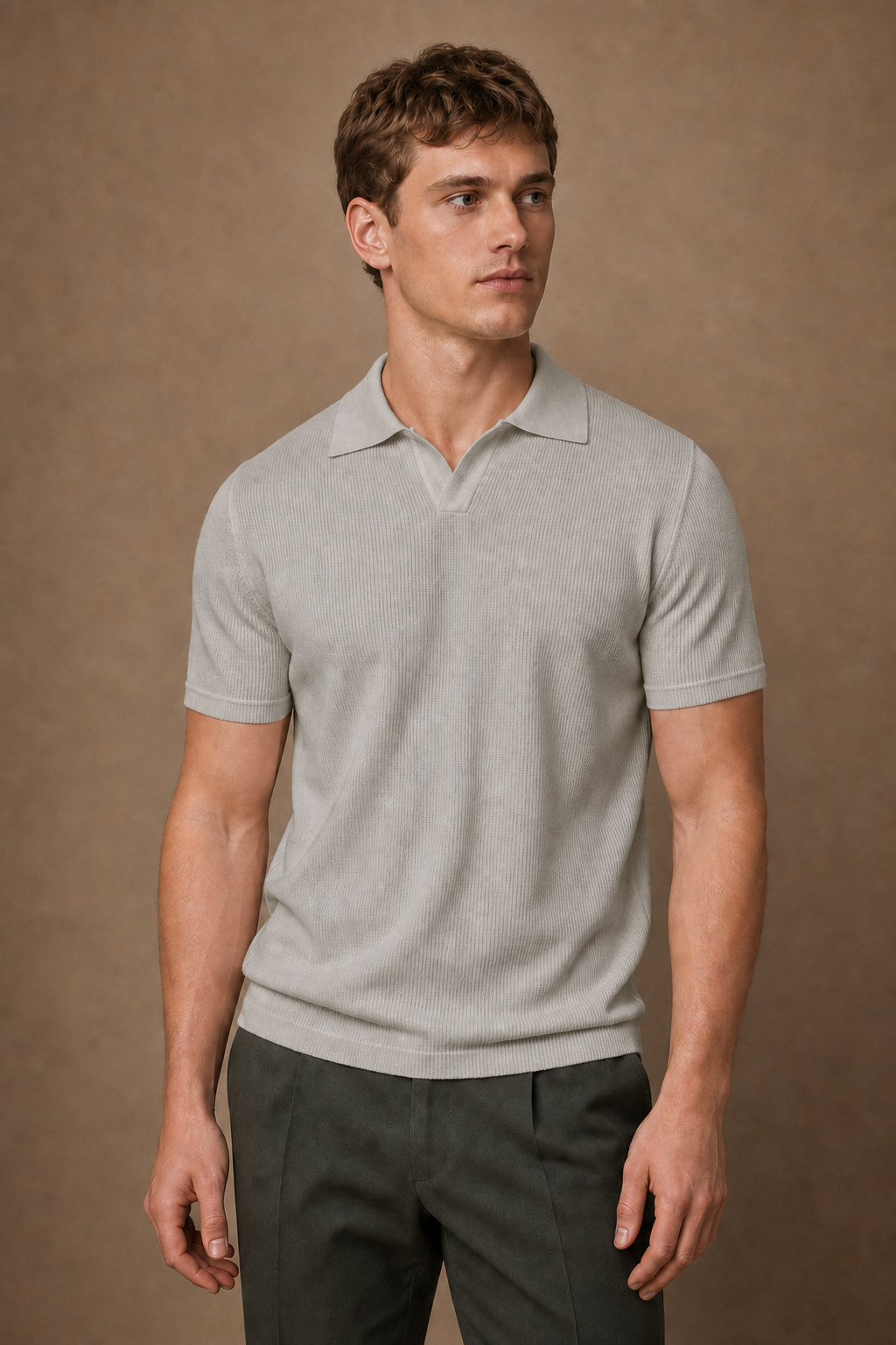 Antibes V-Neck Polo in Light Grey on model — front pose