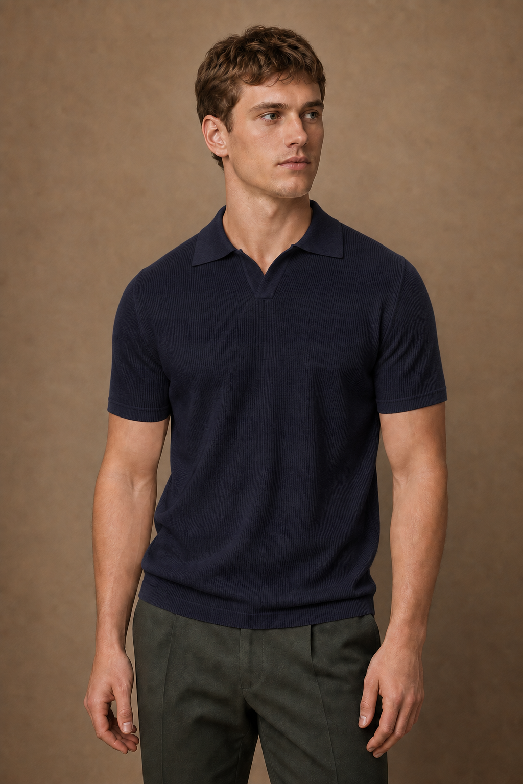 Antibes V-Neck Polo in Navy on model — front pose