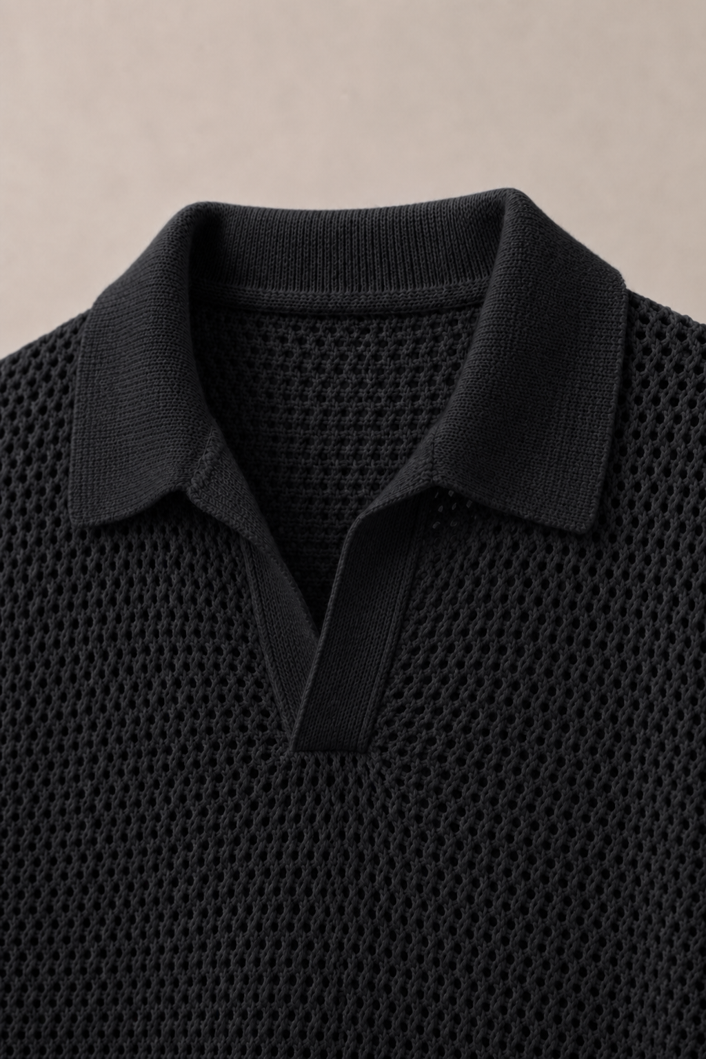 Aria Knitted Polo Shirt in Black — fabric detail