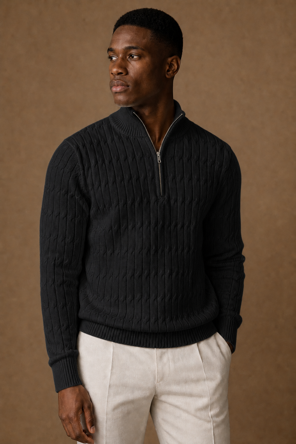 Asolo Textured Quarter Zip Sweater in Black on model — front pose