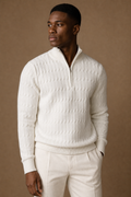 Asolo Textured Quarter Zip Sweater in Cream on model — front pose