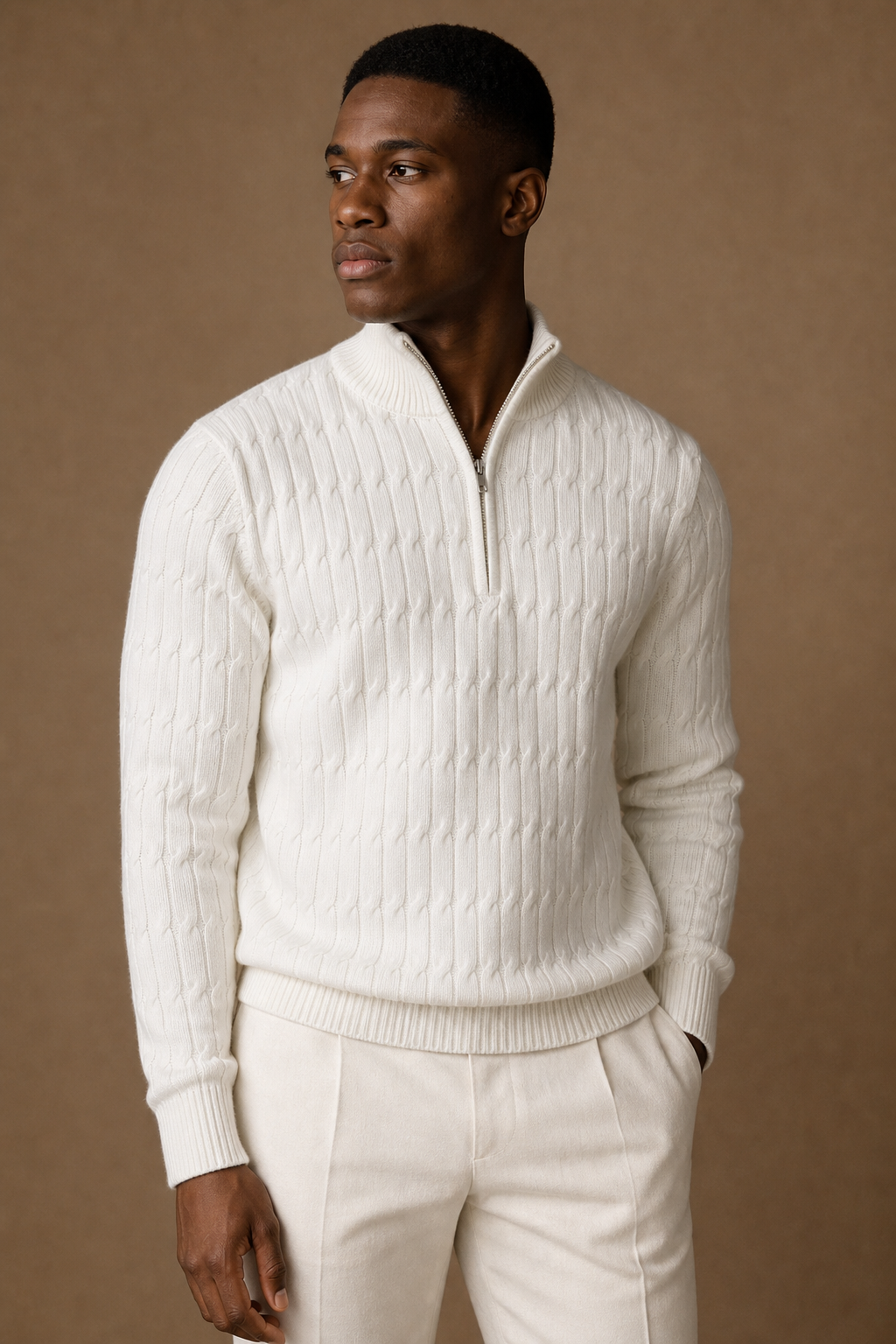 Asolo Textured Quarter Zip Sweater in Cream on model — front pose