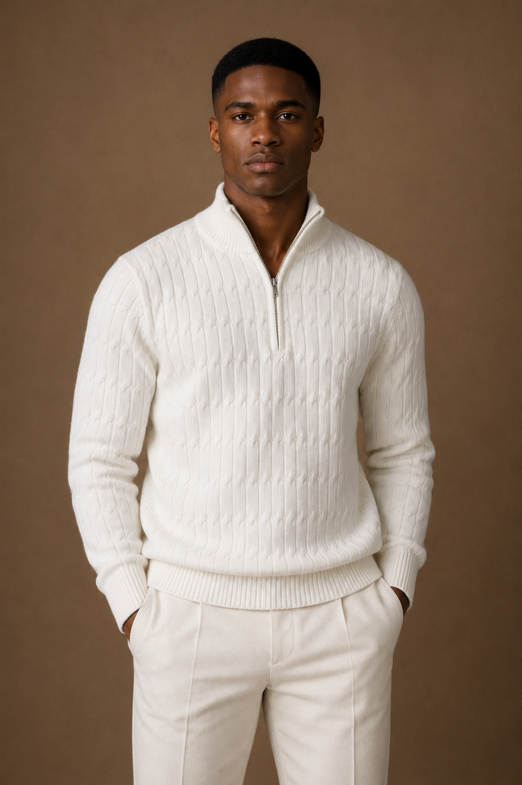 Asolo Textured Quarter Zip Sweater in Cream on model — alternate pose