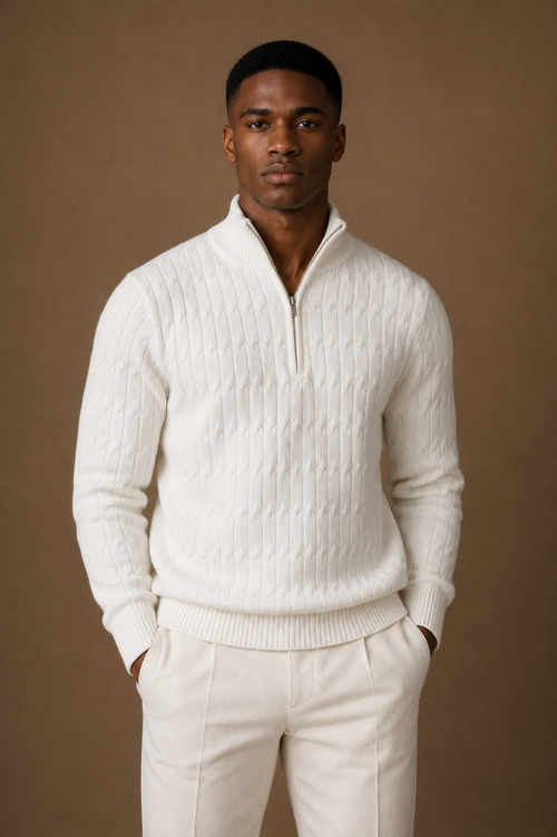 Asolo Textured Quarter Zip Sweater in Cream on model — alternate pose