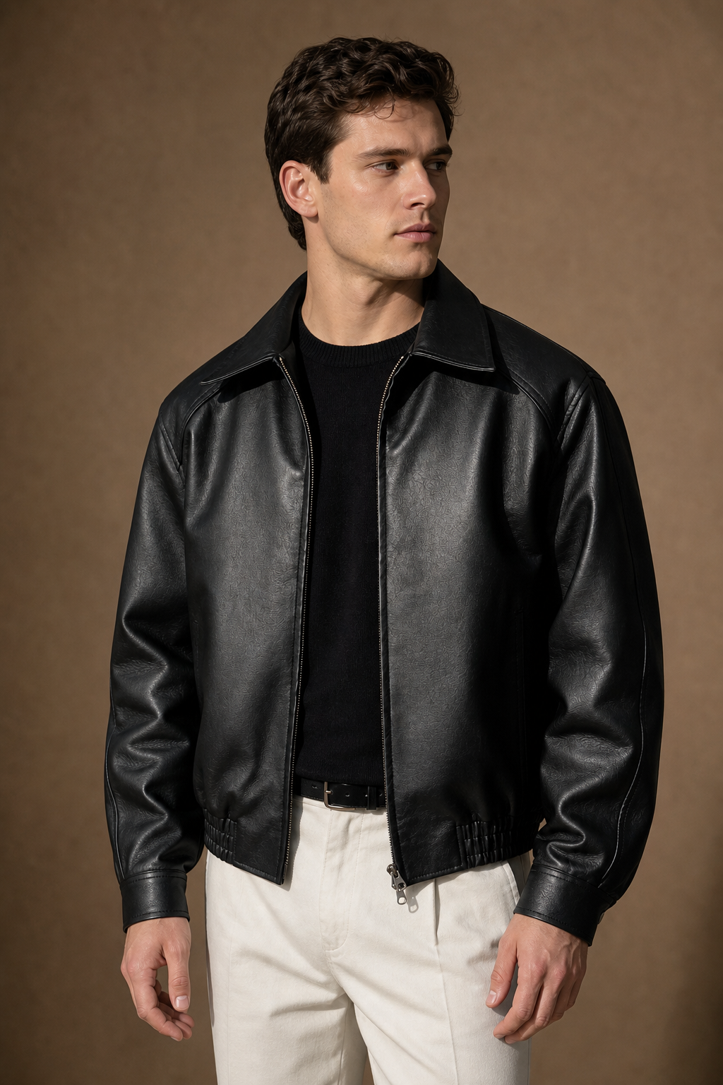Belmont Leather Jacket in Black on model — front pose