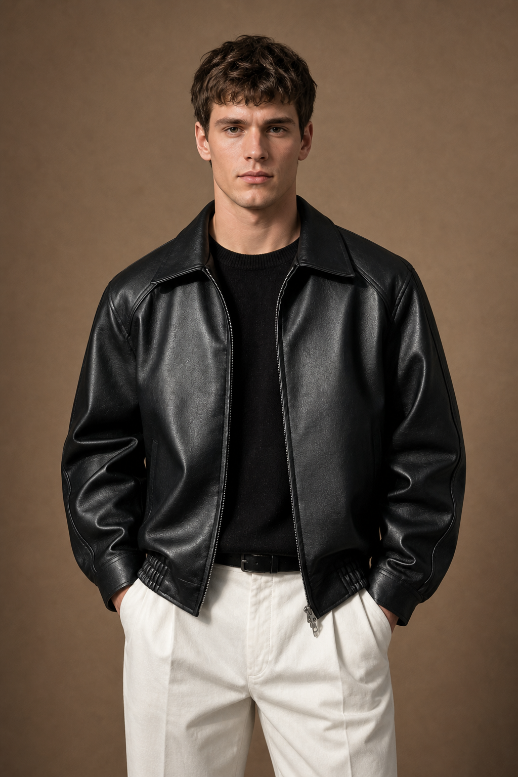 Belmont Leather Jacket in Black on model — alternate pose