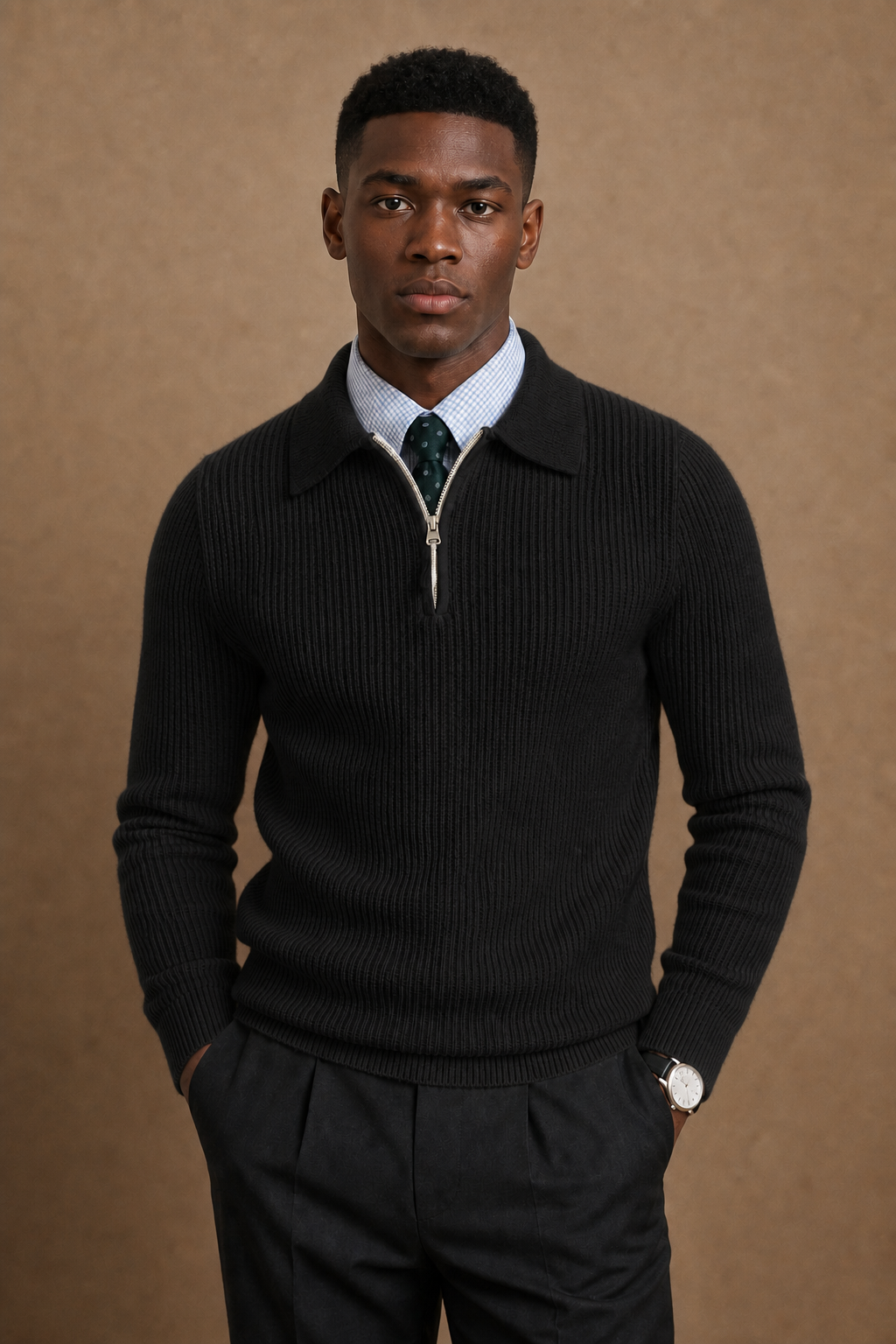 Bergamo Quarter Zip Sweater in Black on model — front pose