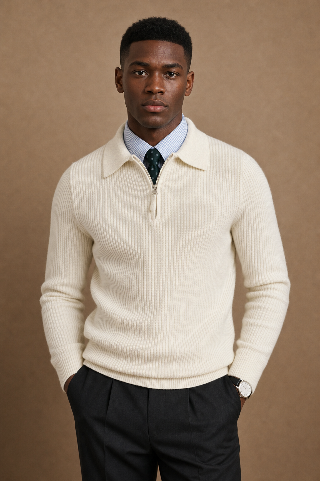 Bergamo Quarter Zip Sweater in Cream on model — front pose